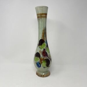 VTG Mexico Folk Art Pottery Tonala Hand‎ Painted Green Glazed Bird Floral Vase